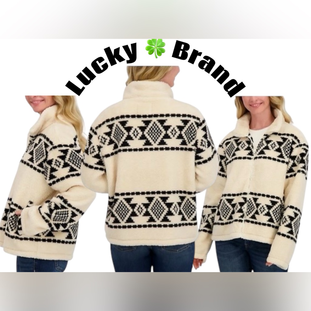 Lucky Brand Geo Print Fluffy Fleece Zip Jacket Nwt Xl Cream/Black
